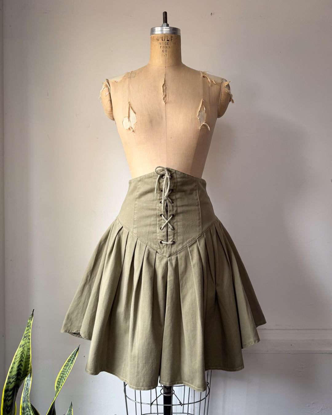 80s Green Cotton Corset Lace Crop Jacket & Skirt Set / S-M