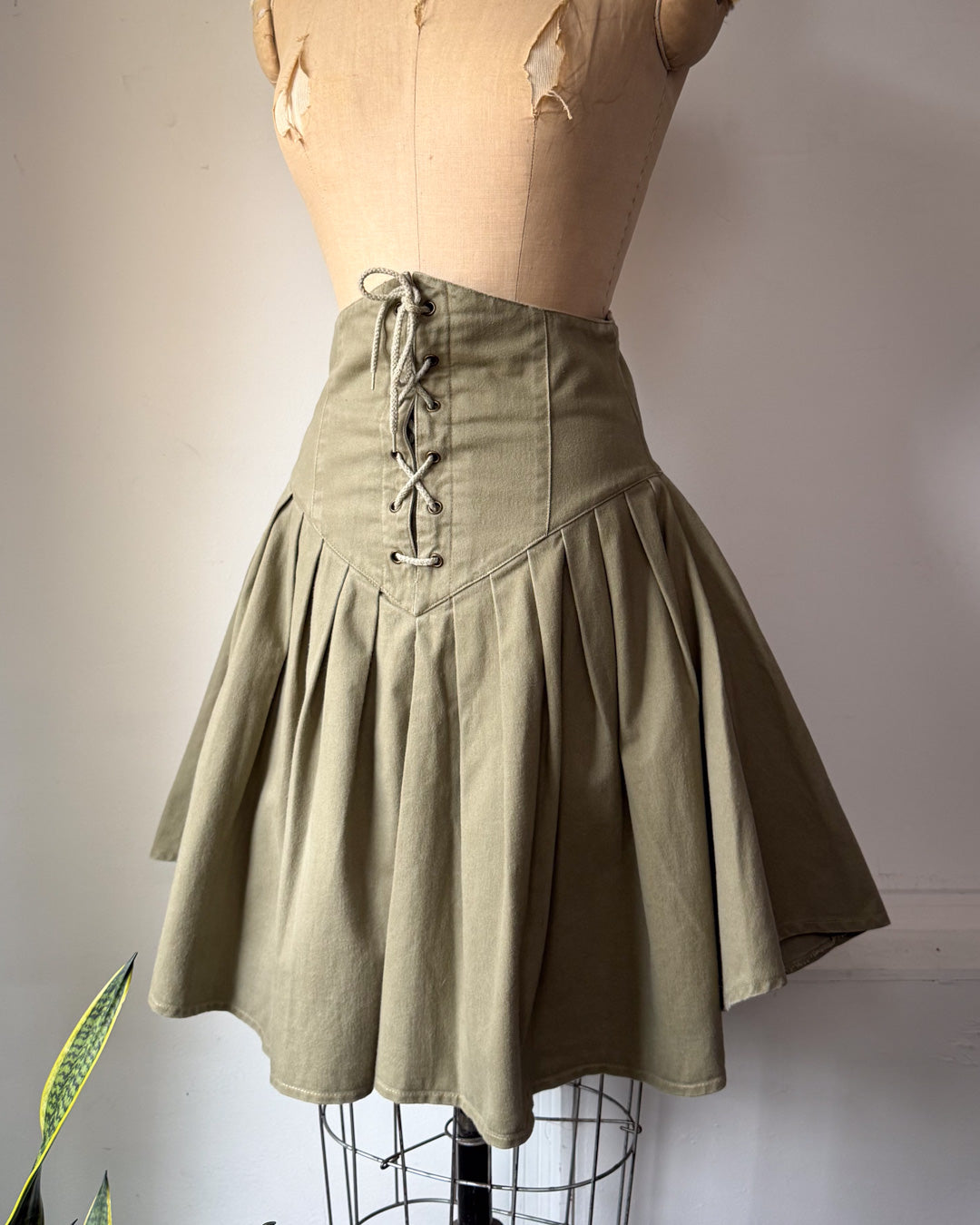 80s Green Cotton Corset Lace Crop Jacket & Skirt Set / S-M