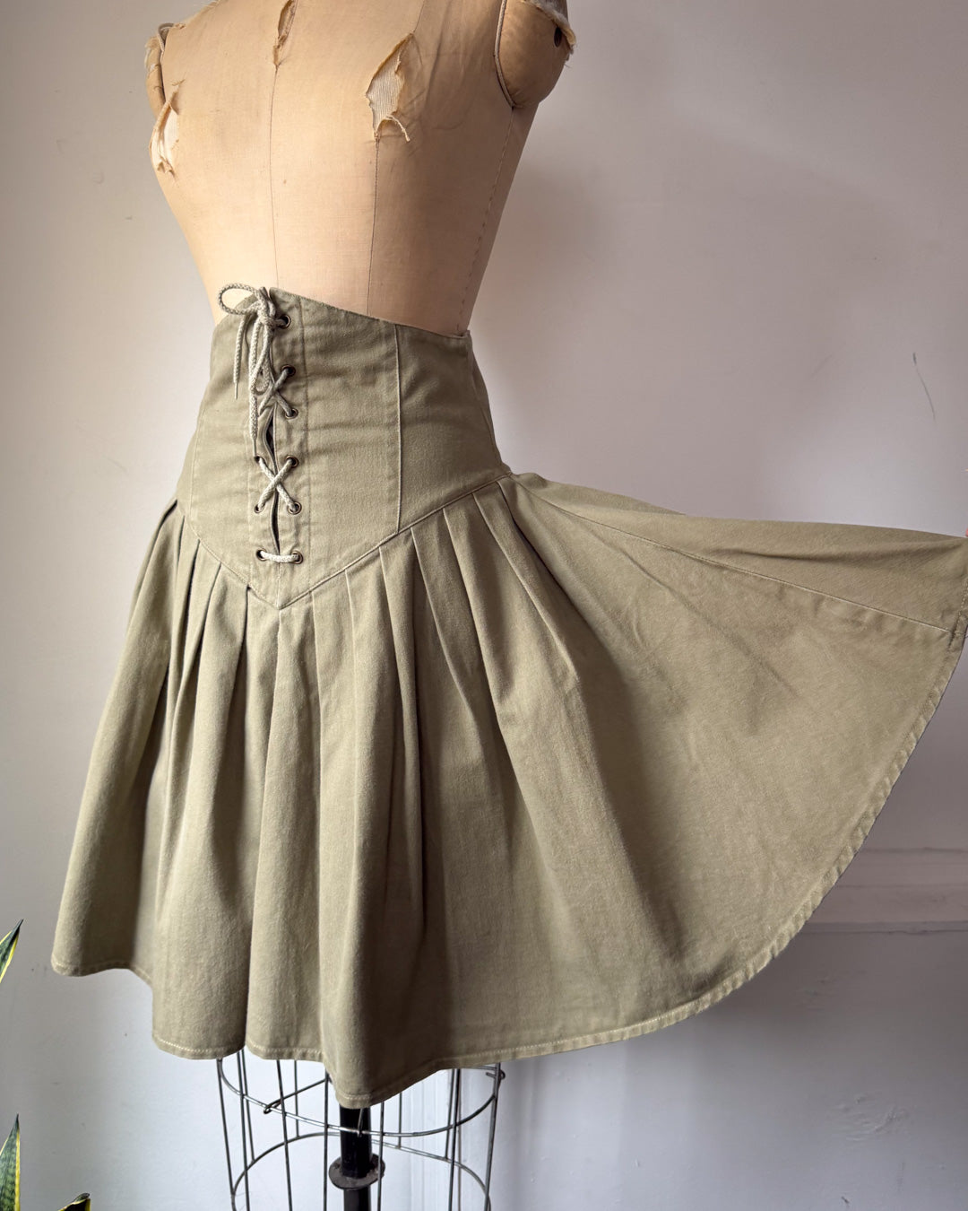 80s Green Cotton Corset Lace Crop Jacket & Skirt Set / S-M