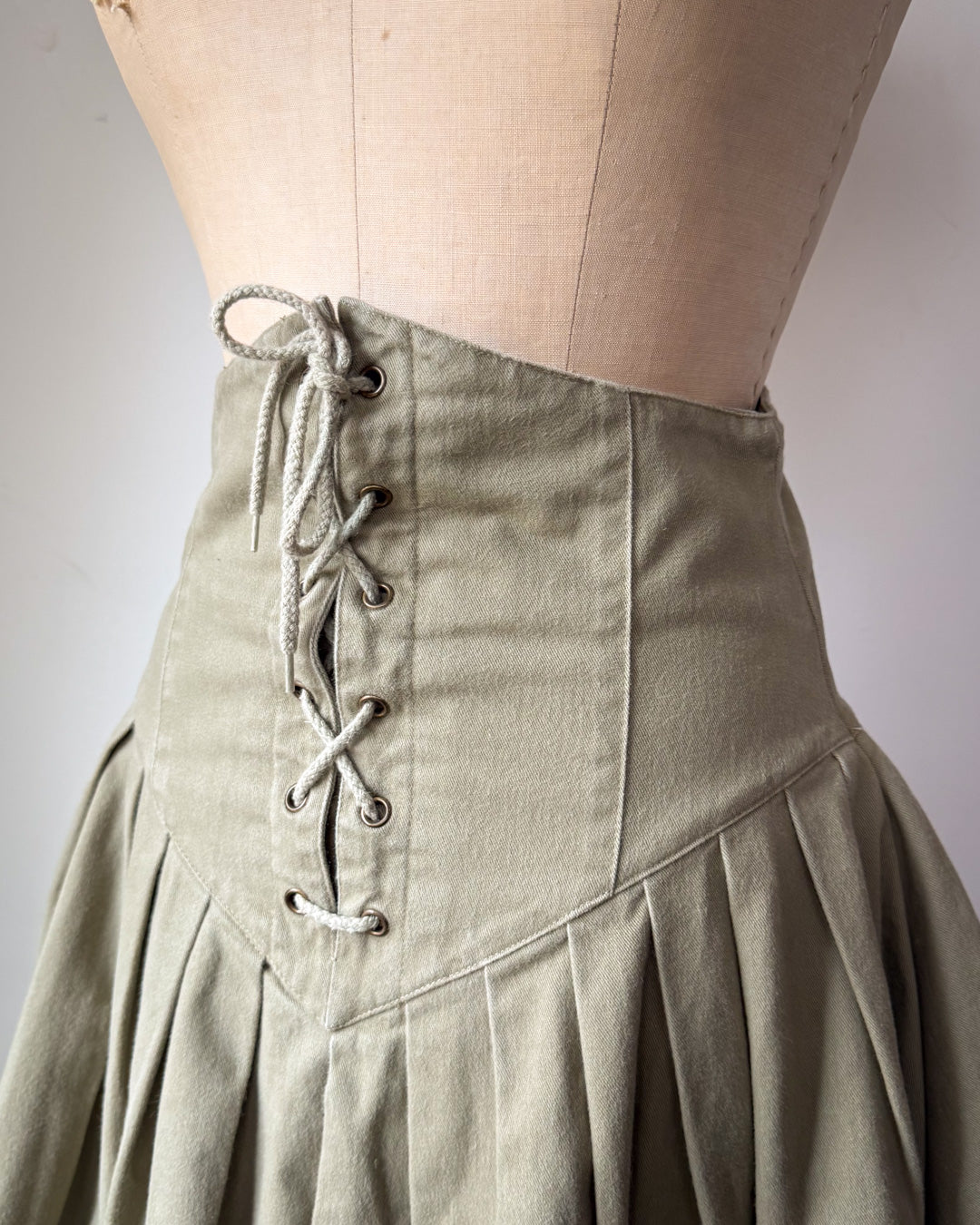 80s Green Cotton Corset Lace Crop Jacket & Skirt Set / S-M