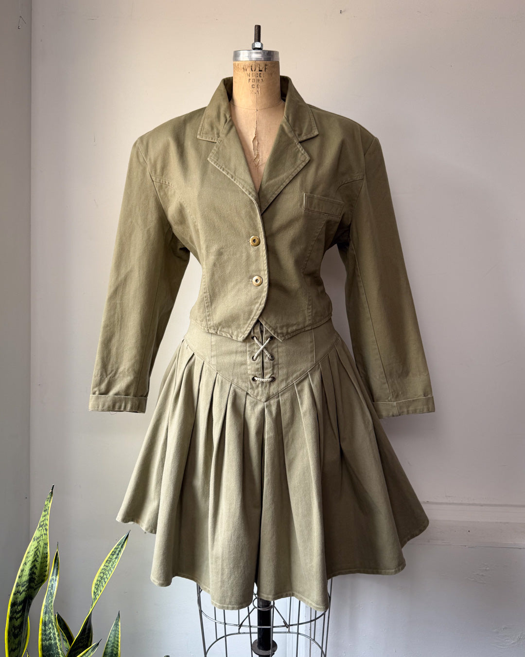 80s Green Cotton Corset Lace Crop Jacket & Skirt Set / S-M