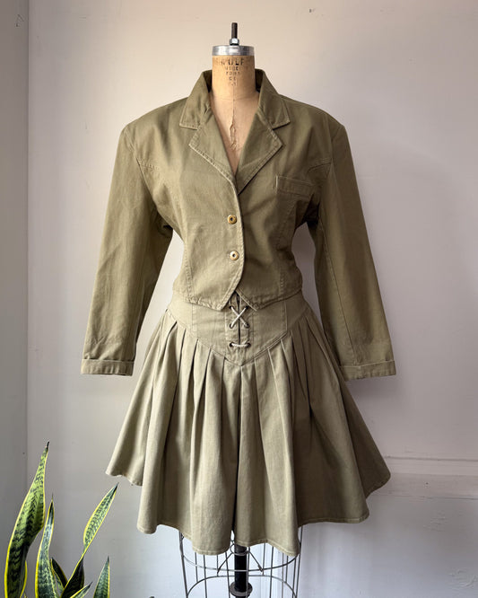 80s Green Cotton Corset Lace Crop Jacket & Skirt Set / S-M