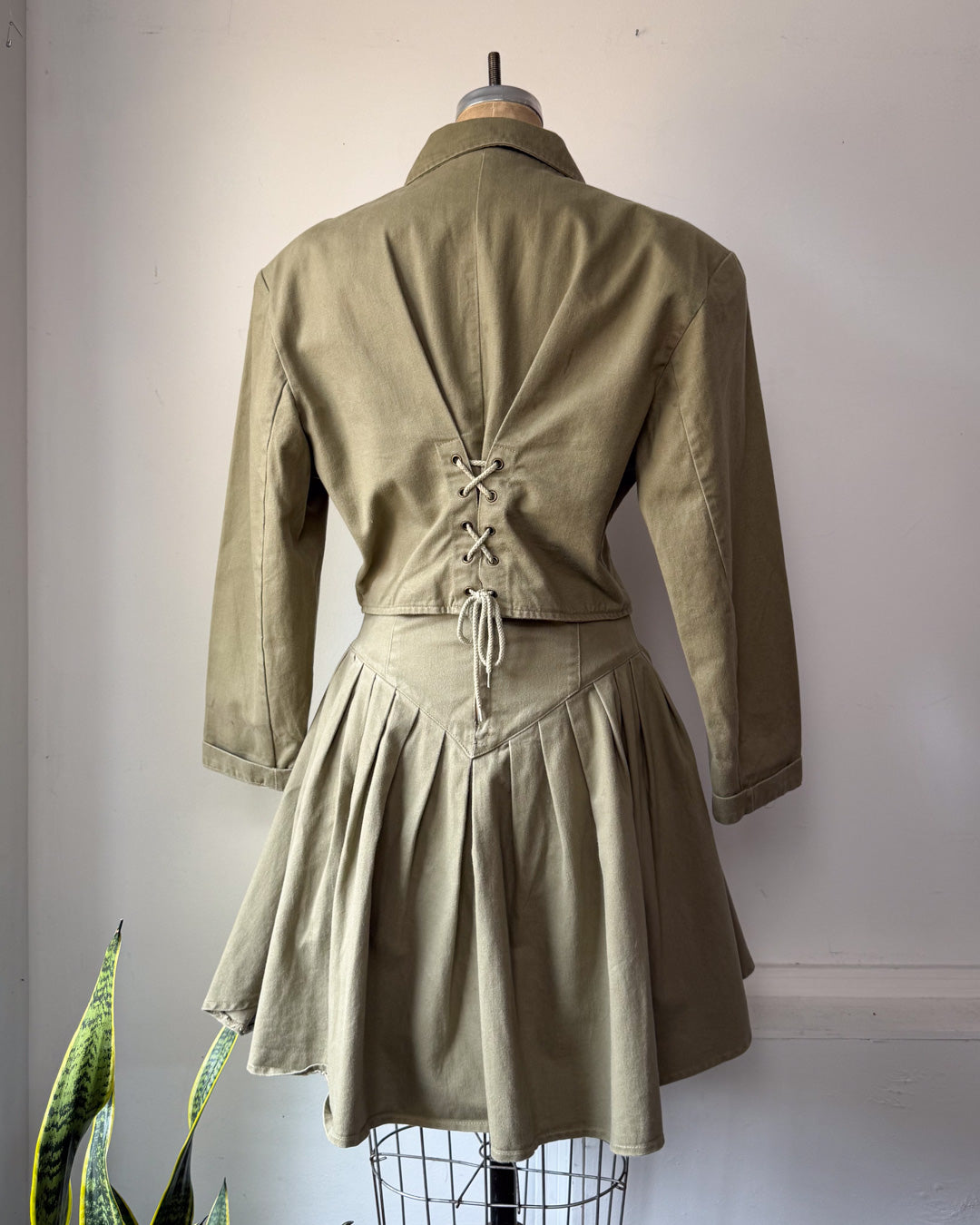 80s Green Cotton Corset Lace Crop Jacket & Skirt Set / S-M