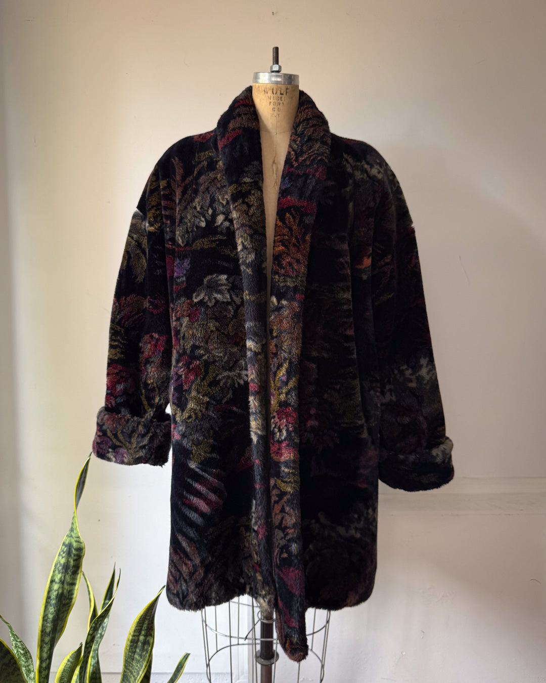 80s Donnybrook Dark Floral Faux Fur Coat / OSFM