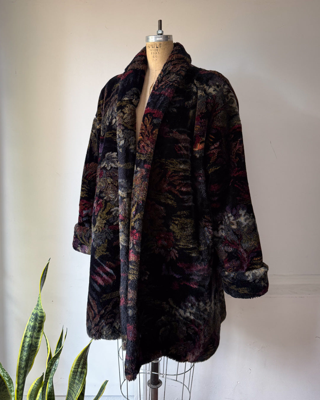 80s Donnybrook Dark Floral Faux Fur Coat / OSFM