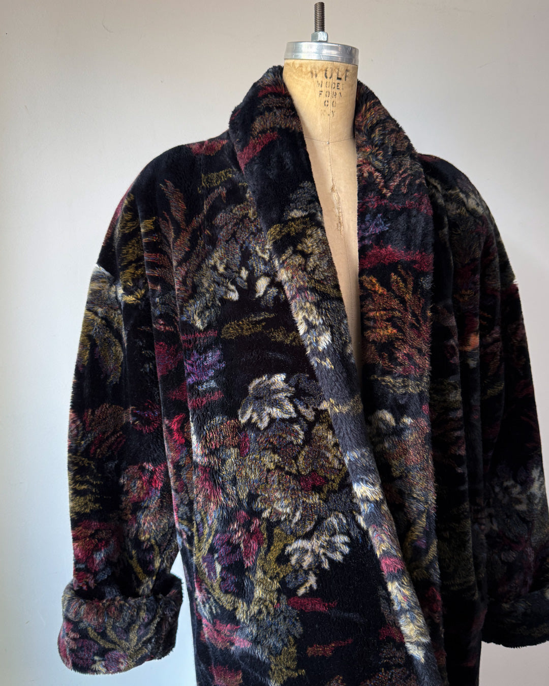80s Donnybrook Dark Floral Faux Fur Coat / OSFM