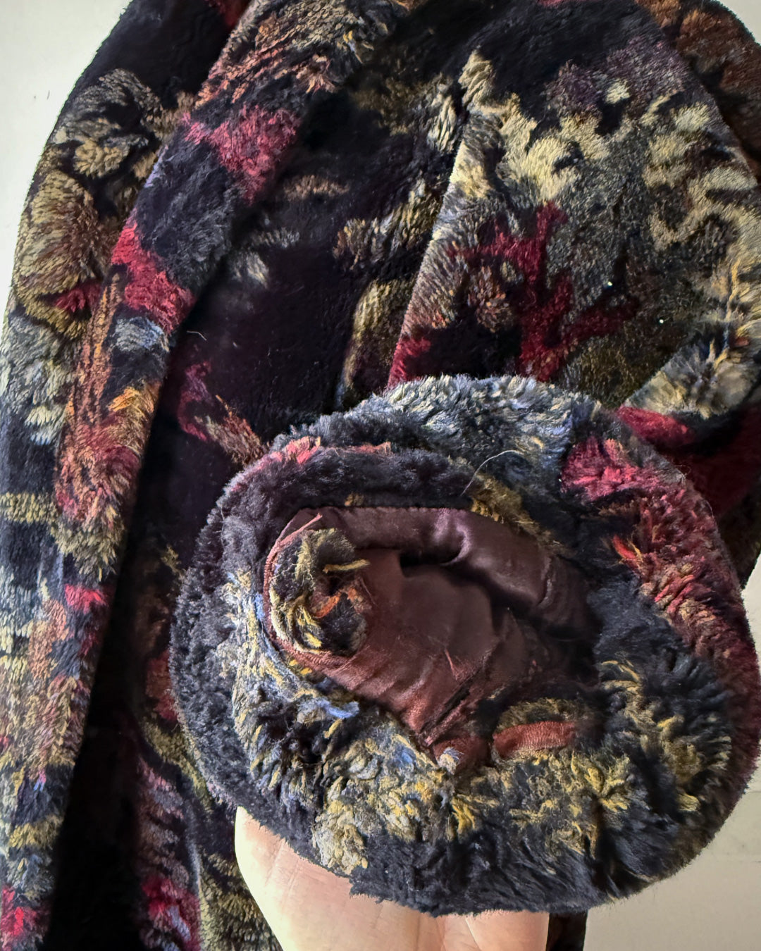 80s Donnybrook Dark Floral Faux Fur Coat / OSFM