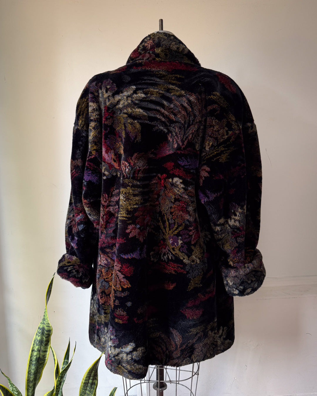 80s Donnybrook Dark Floral Faux Fur Coat / OSFM