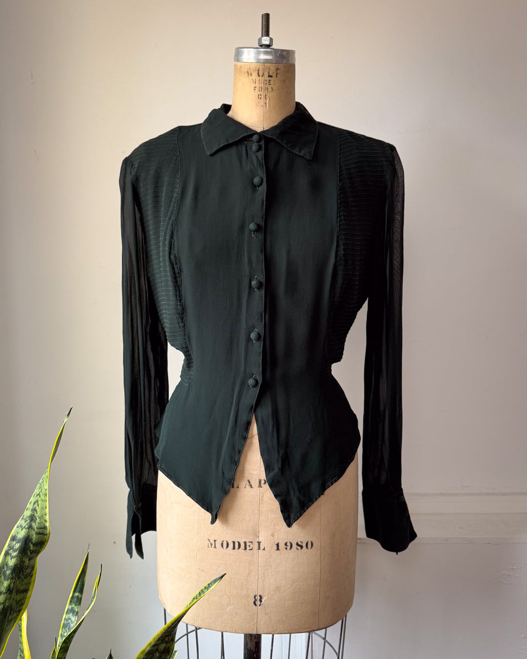 80s Forest Green Crepe Blouse / L