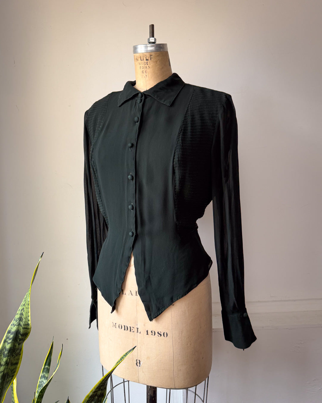 80s Forest Green Crepe Blouse / L