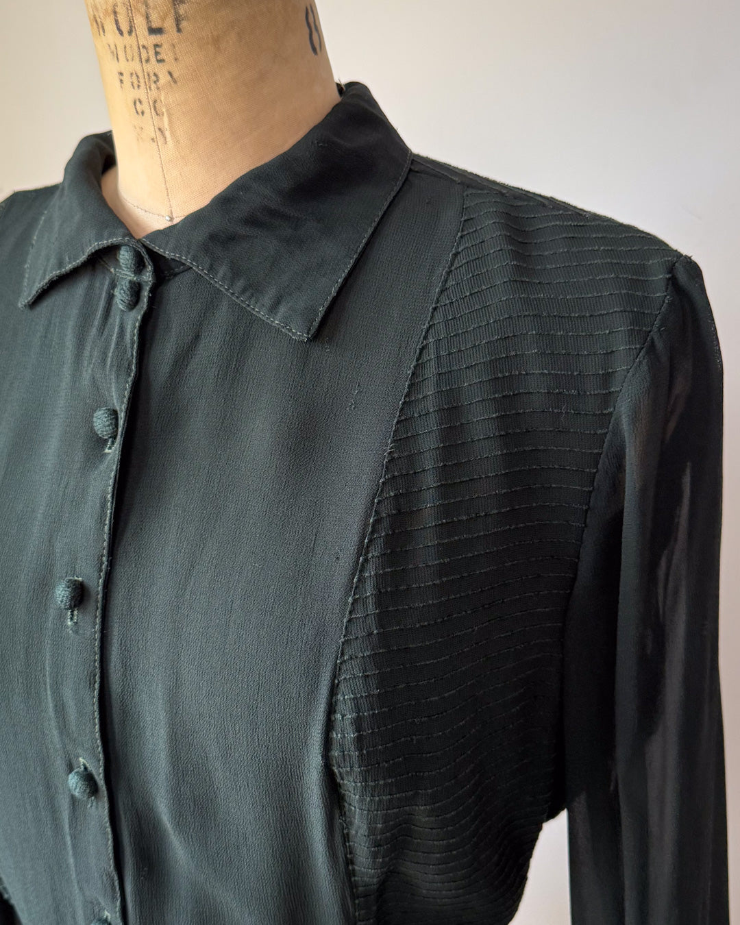 80s Forest Green Crepe Blouse / L