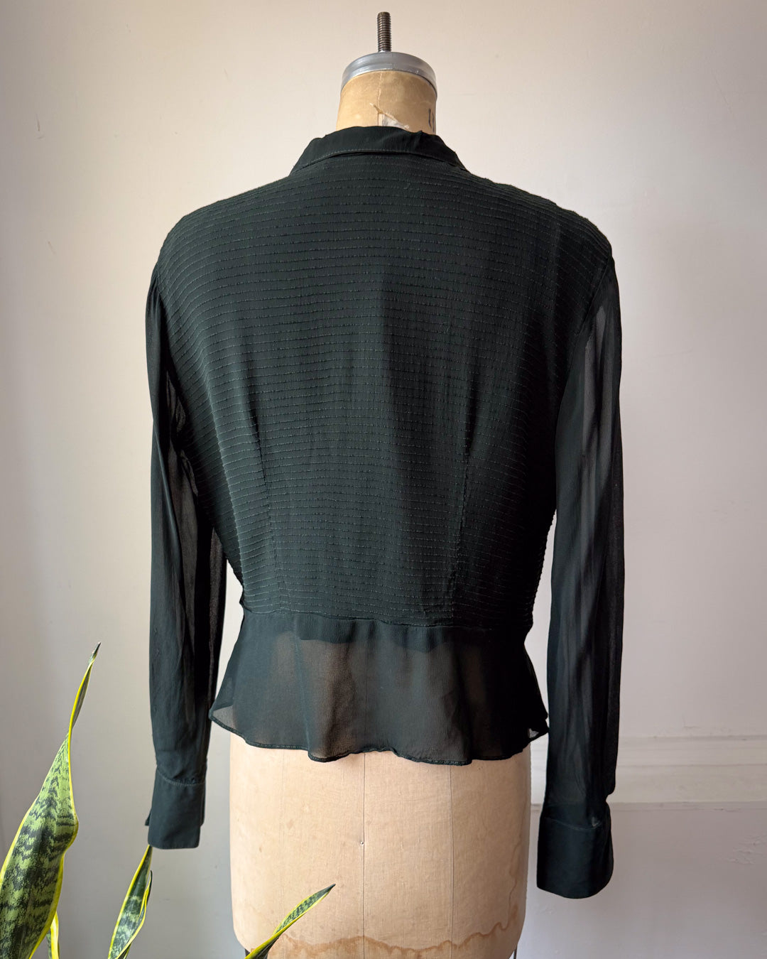 80s Forest Green Crepe Blouse / L