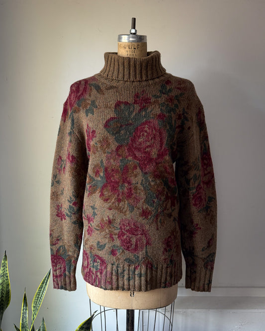 80s Ralph Lauren Brown Floral Print Wool Turtleneck Sweater / S