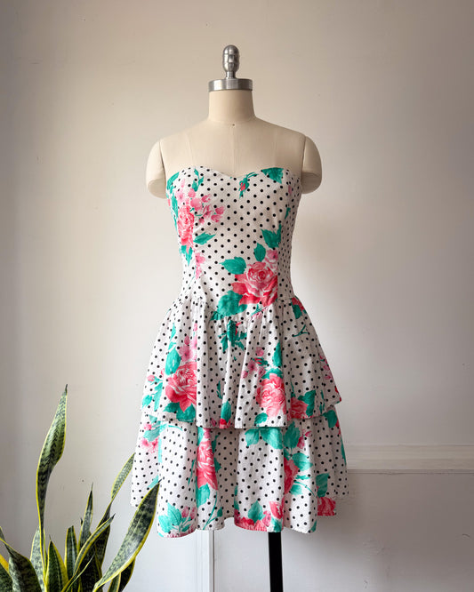 80s Tiered Cotton Strapless Dress / M