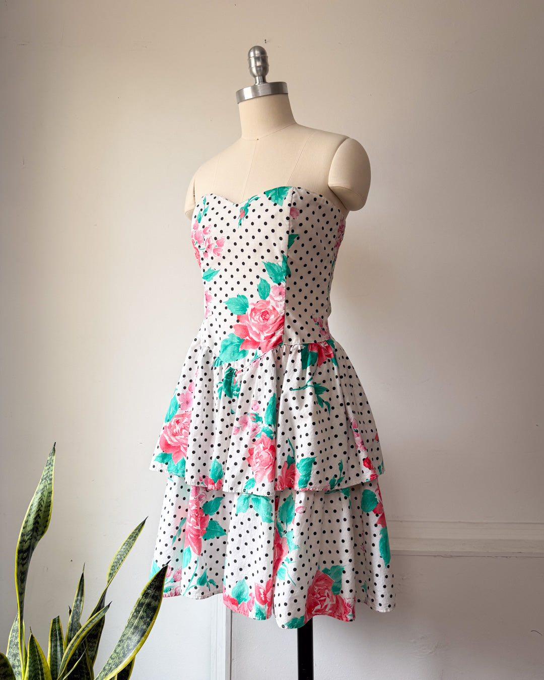 80s Tiered Cotton Strapless Dress / M