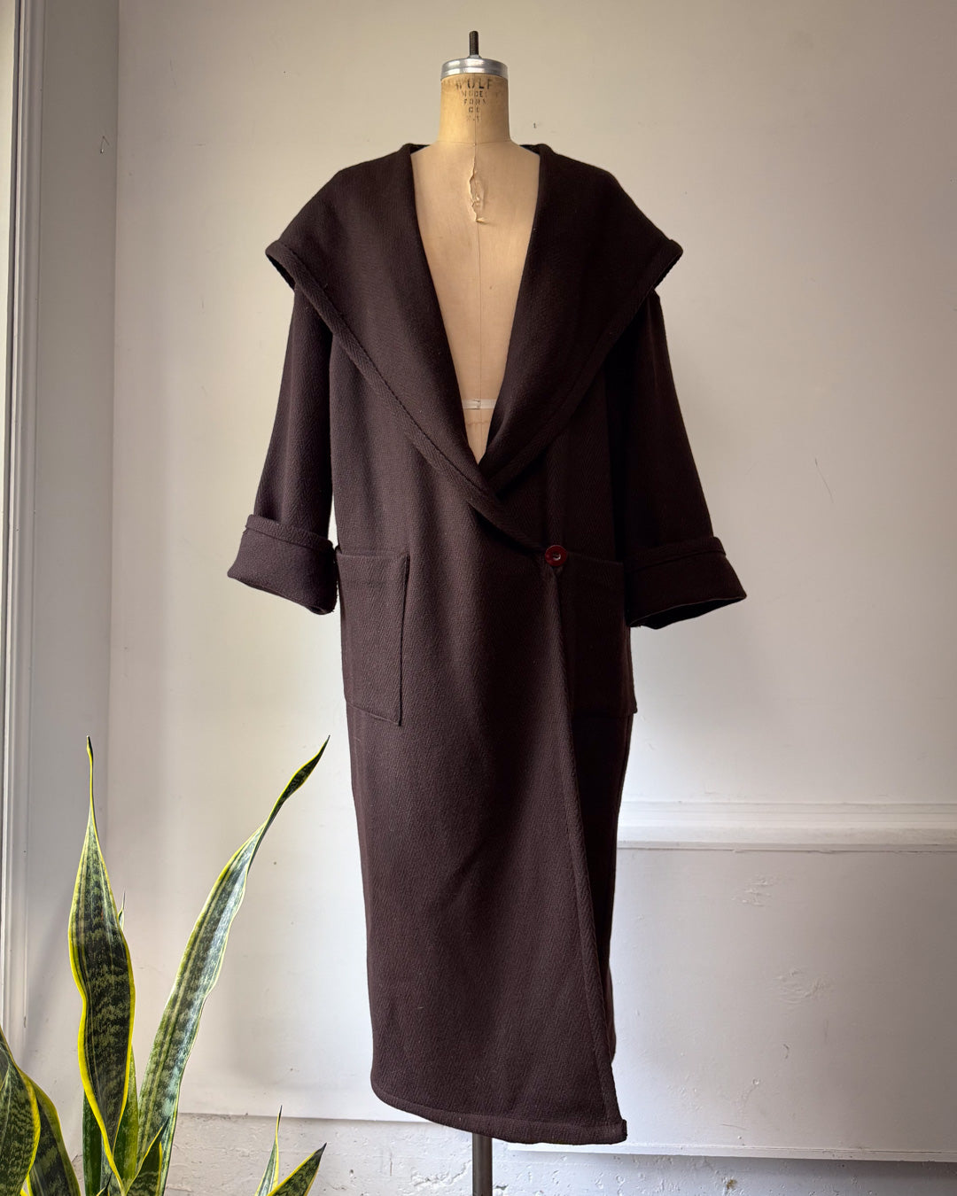 80s Espresso Brown Wool Hooded Wrap Maxi Coat / M