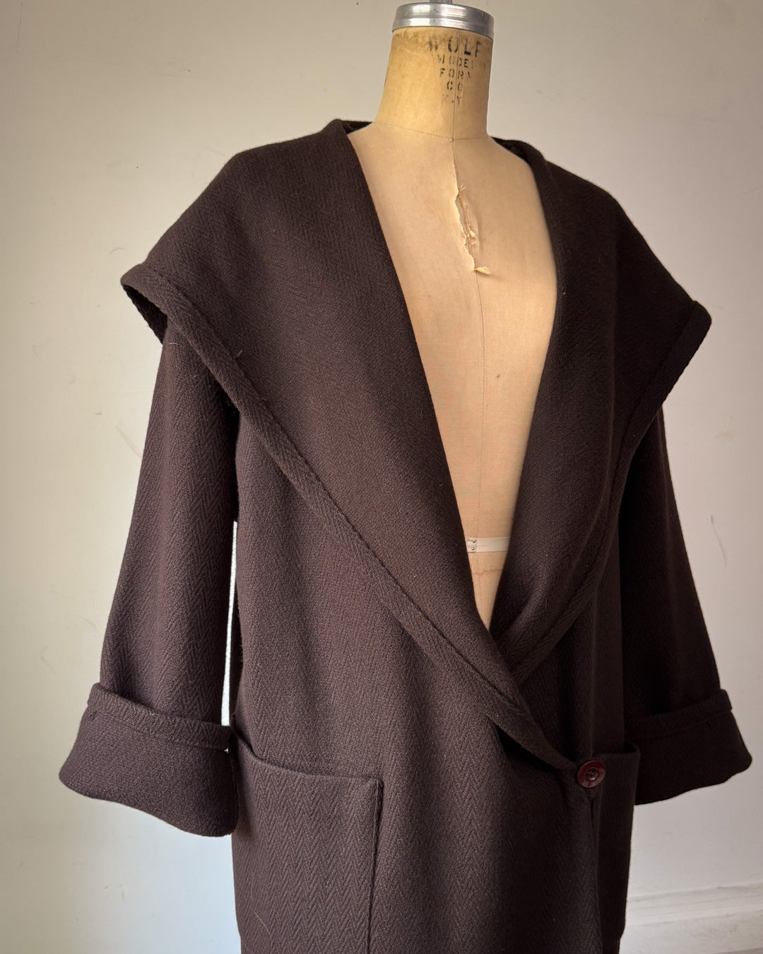 80s Espresso Brown Wool Hooded Wrap Maxi Coat / M
