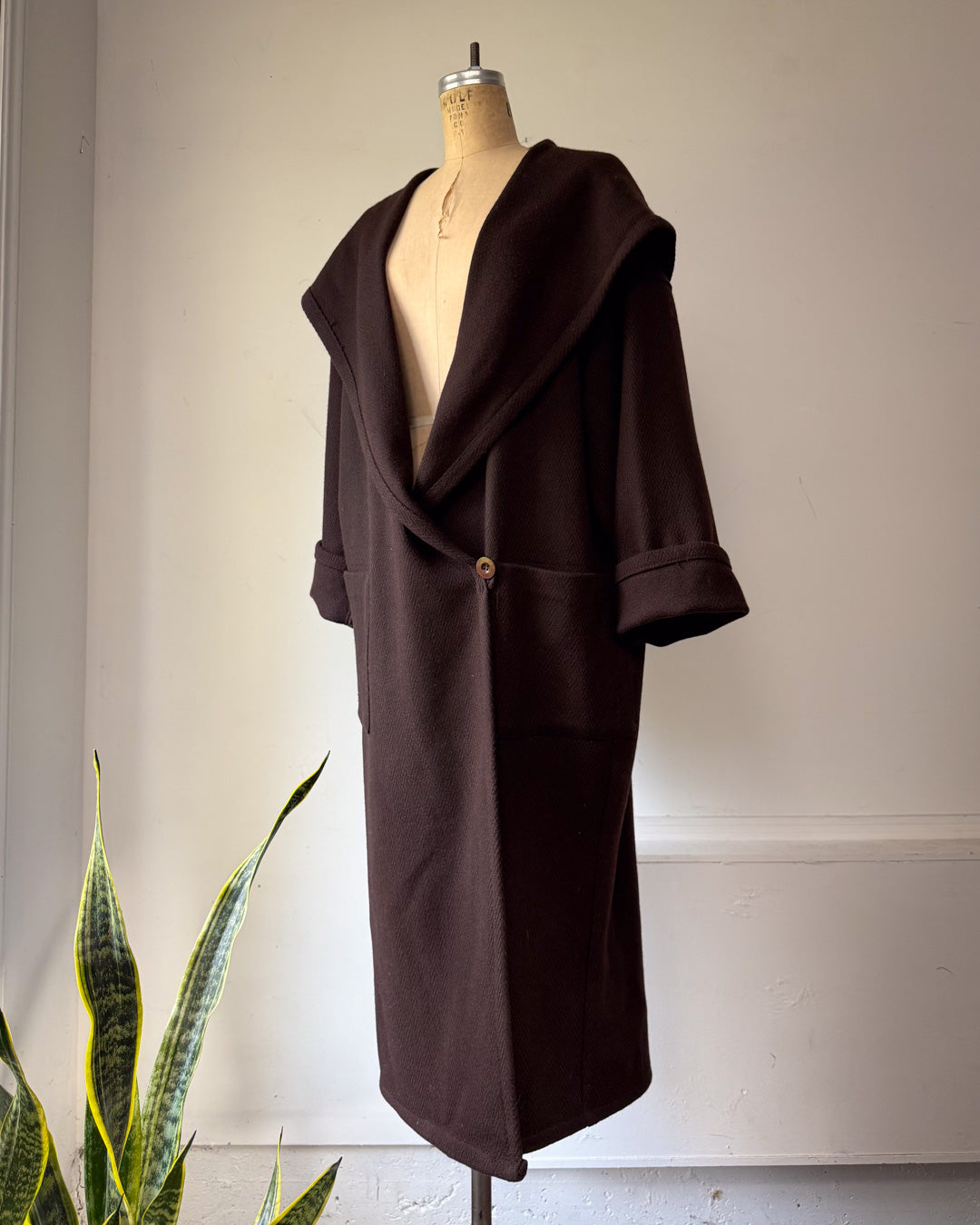 80s Espresso Brown Wool Hooded Wrap Maxi Coat / M