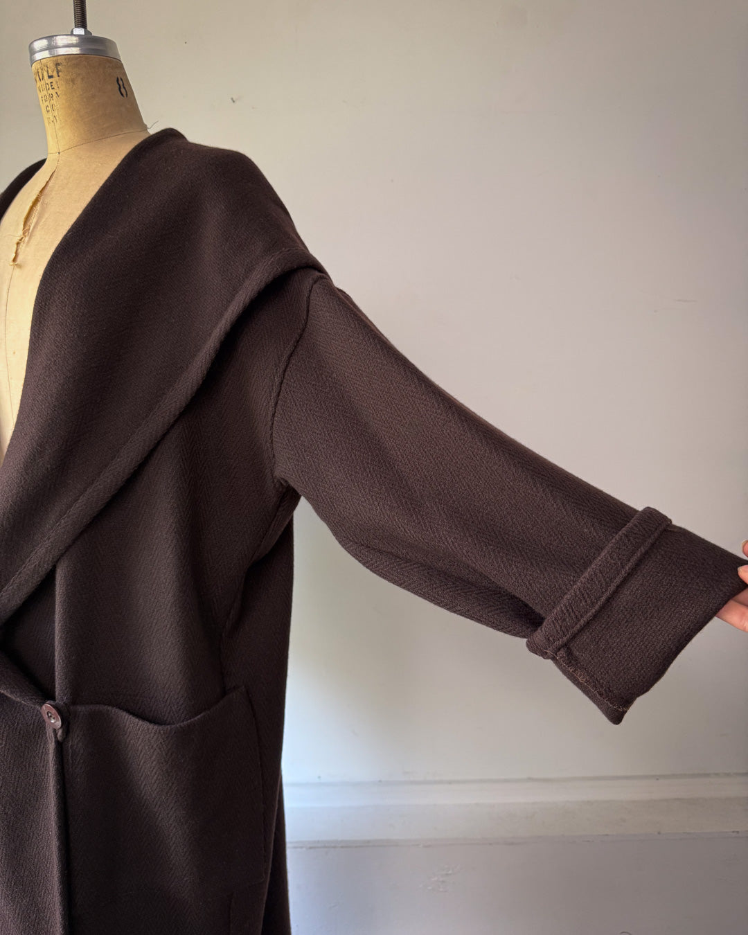 80s Espresso Brown Wool Hooded Wrap Maxi Coat / M