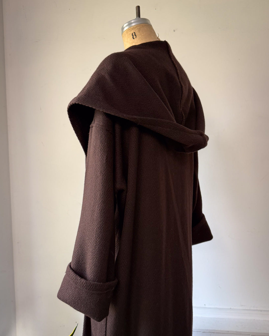 80s Espresso Brown Wool Hooded Wrap Maxi Coat / M