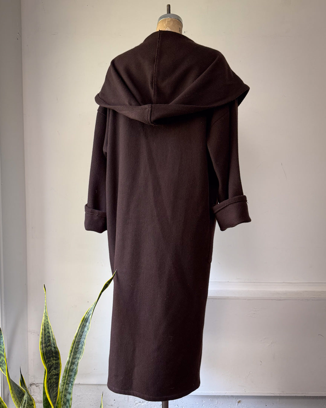 80s Espresso Brown Wool Hooded Wrap Maxi Coat / M