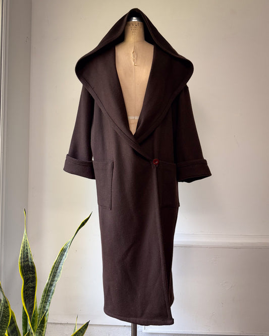 80s Espresso Brown Wool Hooded Wrap Maxi Coat / M