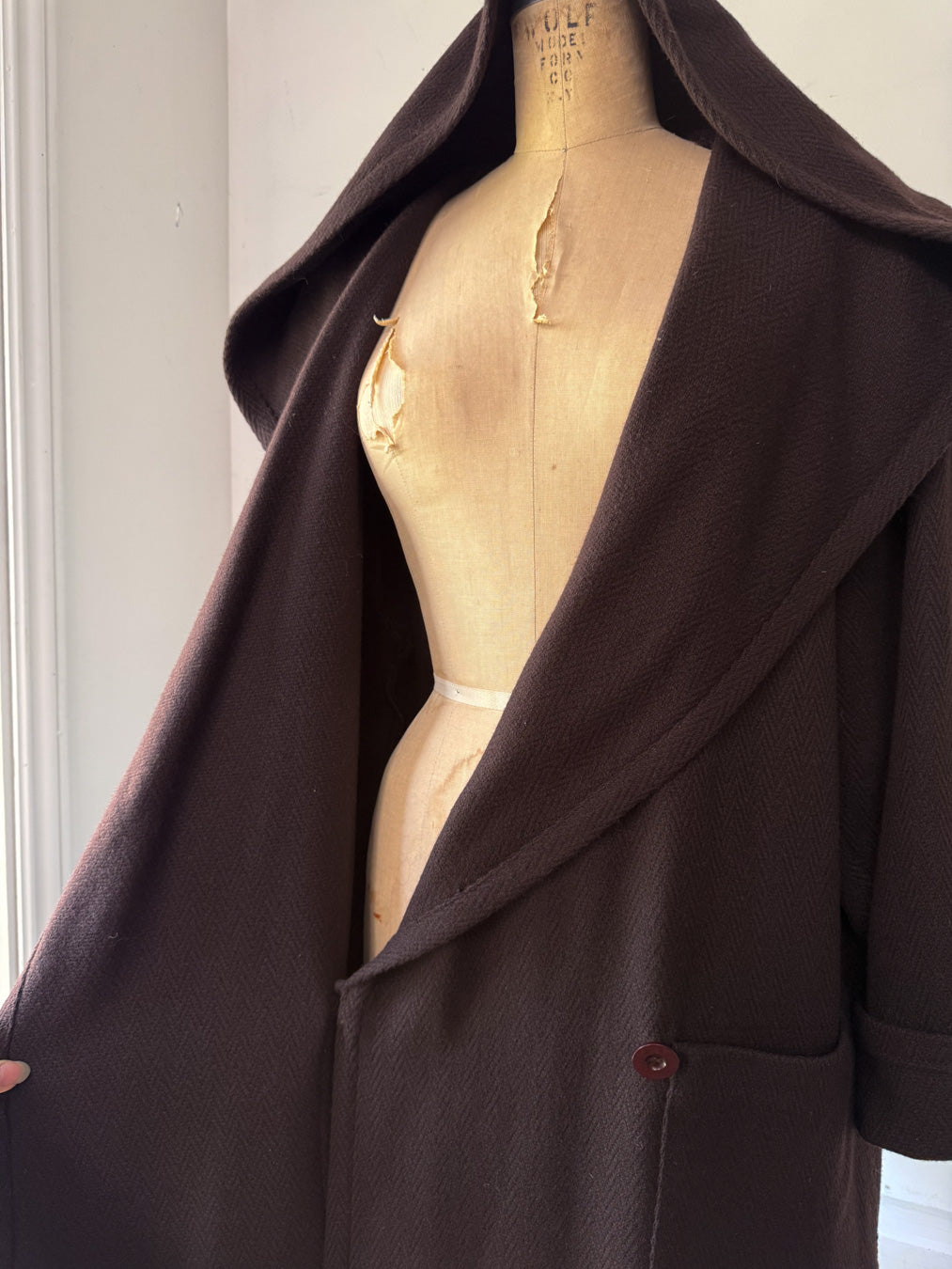 80s Espresso Brown Wool Hooded Wrap Maxi Coat / M