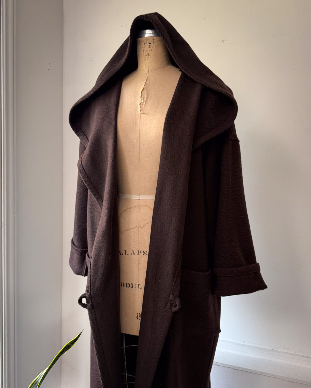 80s Espresso Brown Wool Hooded Wrap Maxi Coat / M
