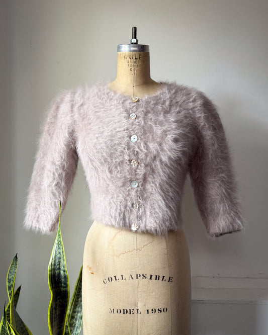 80s Fluffy Light Gray Angora Knit Crop Cardigan Sweater / S