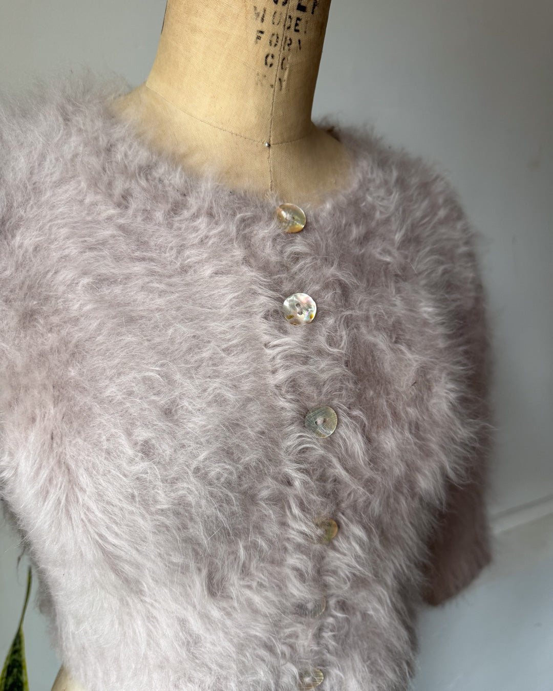 80s Fluffy Light Gray Angora Knit Crop Cardigan Sweater / S