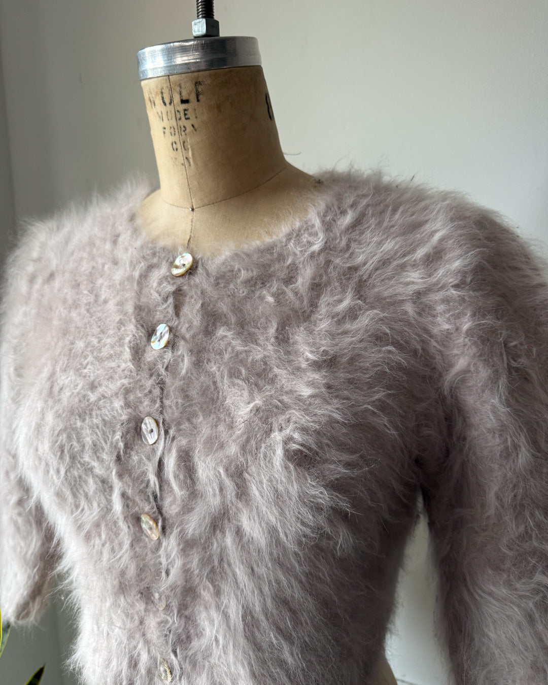80s Fluffy Light Gray Angora Knit Crop Cardigan Sweater / S