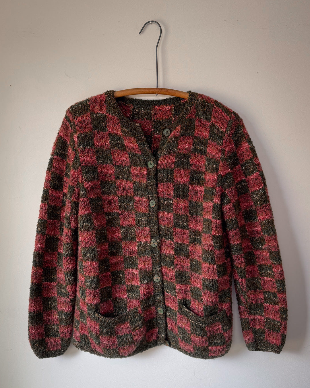 80s Hand Knit Checkered Cardigan / M