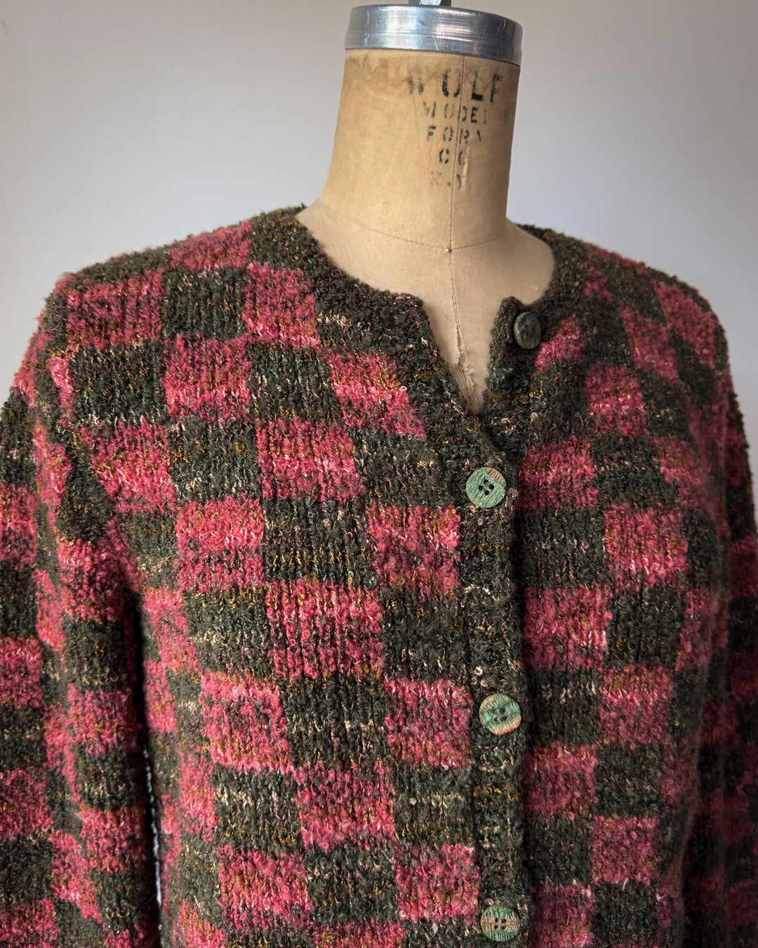 80s Hand Knit Checkered Cardigan / M