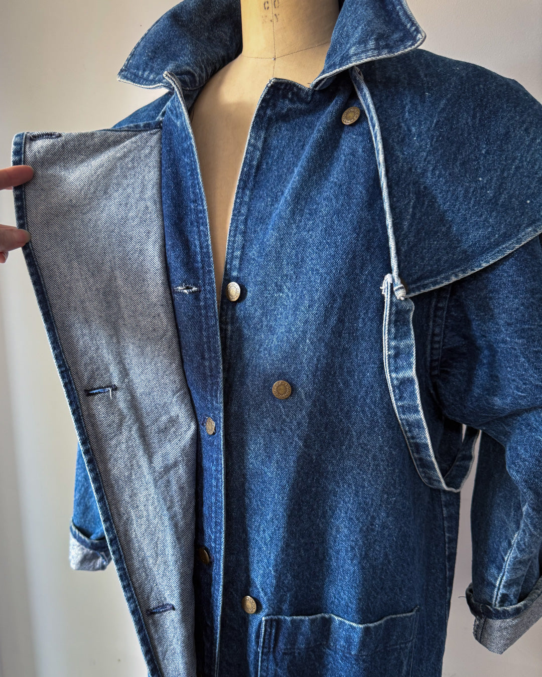 80s Denim Removeable Cape Maxi Coat / M-L