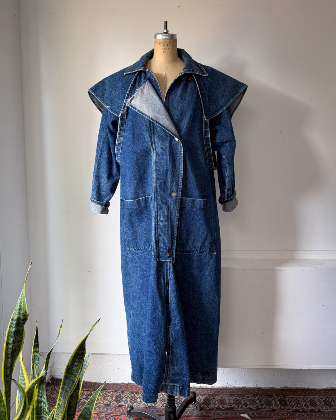 80s Denim Removeable Cape Maxi Coat / M-L