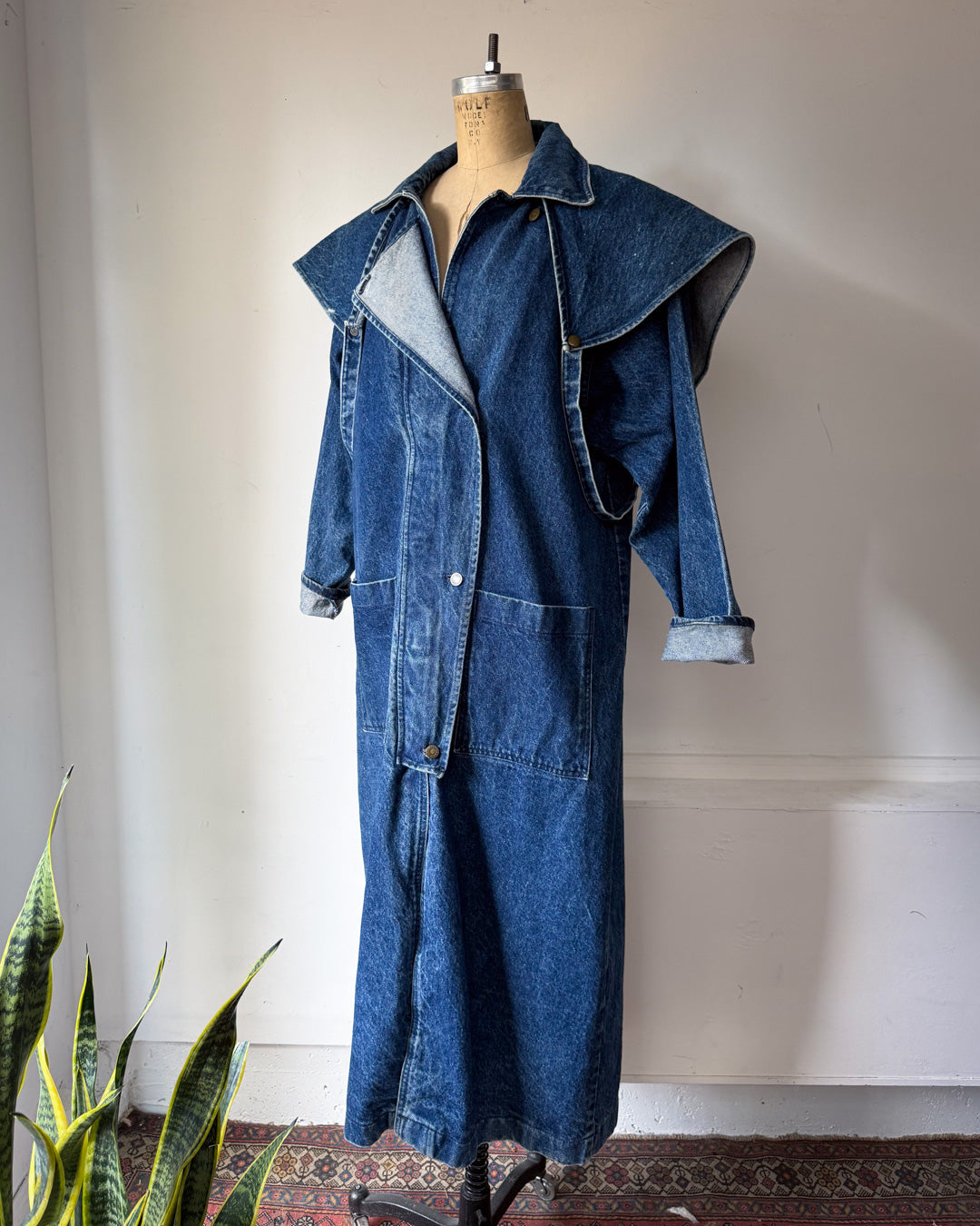 80s Denim Removeable Cape Maxi Coat / M-L