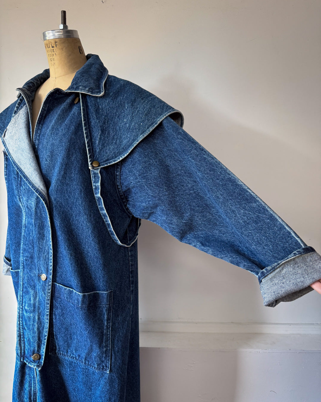 80s Denim Removeable Cape Maxi Coat / M-L