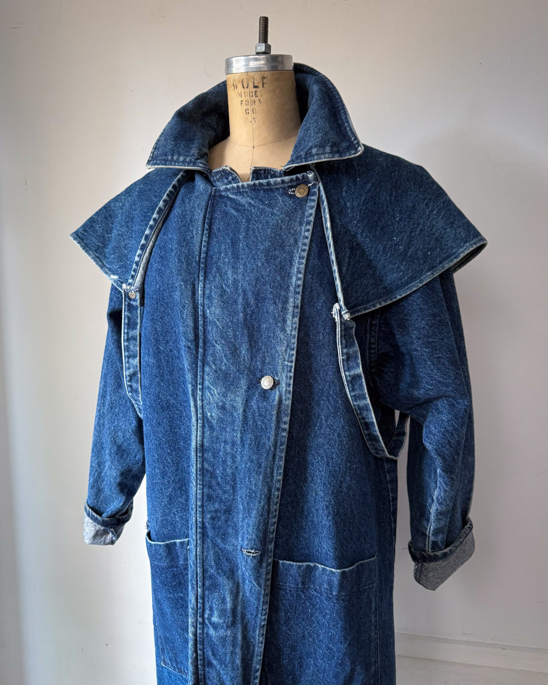 80s Denim Removeable Cape Maxi Coat / M-L