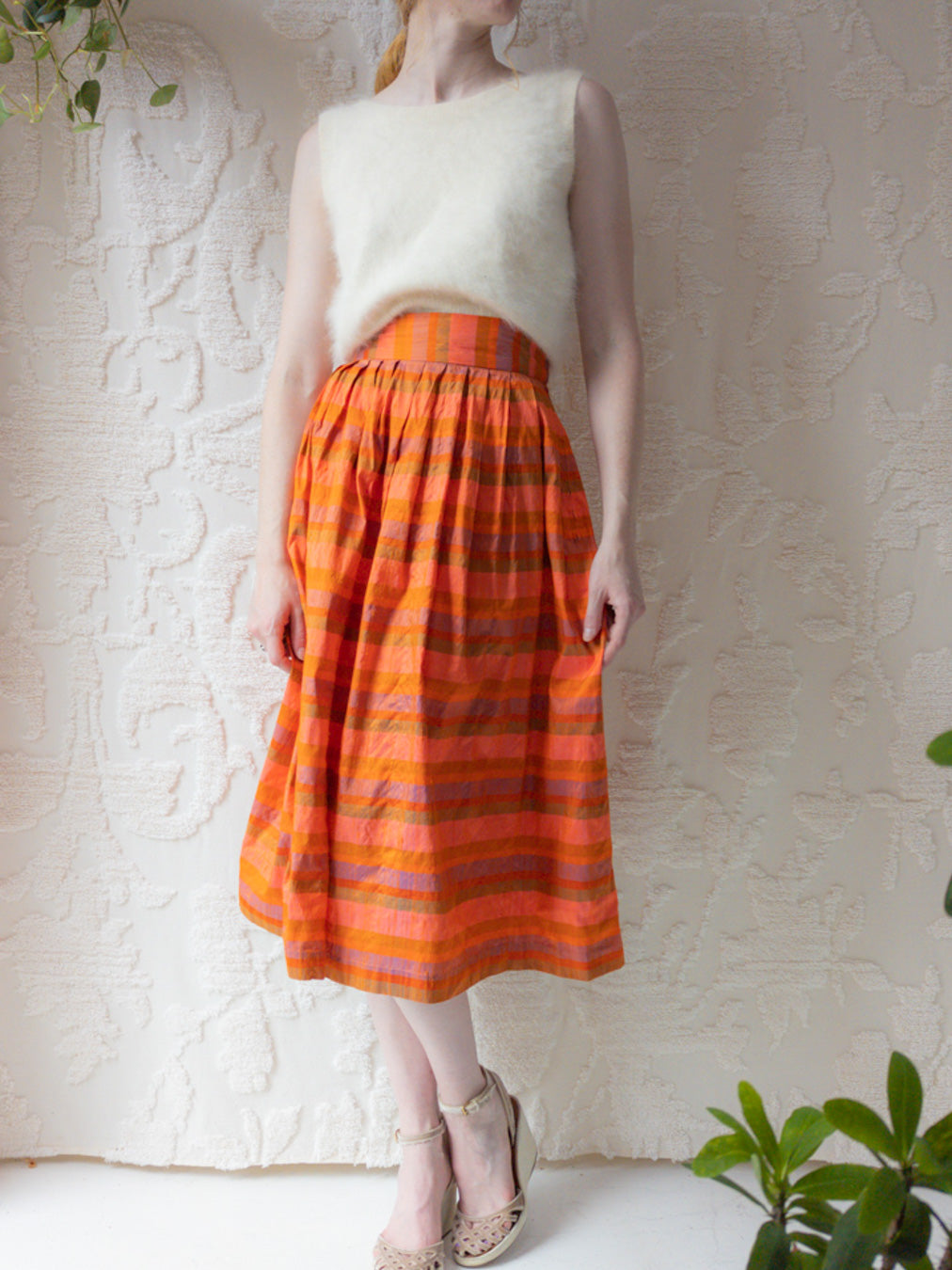 80s Orange & Pink Iridescent Silk Skirt / XS