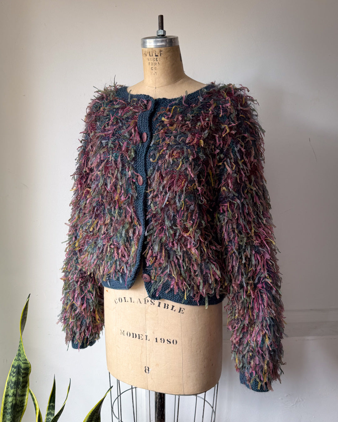 80s Shaggy Hand Knit Ribbon Cardigan / XL