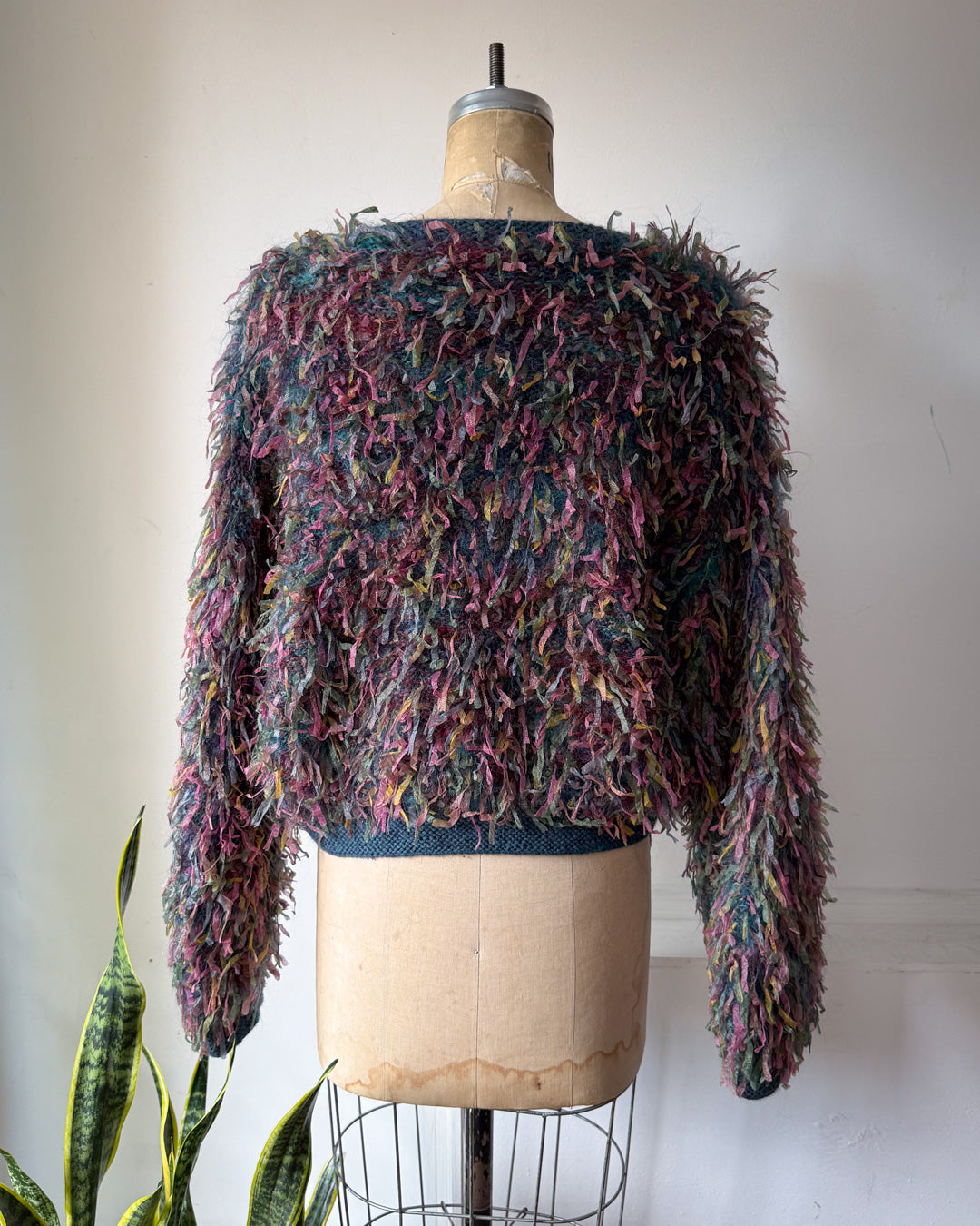 80s Shaggy Hand Knit Ribbon Cardigan / XL