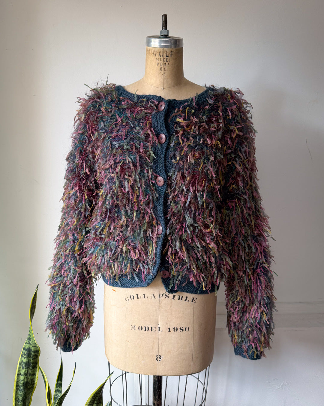 80s Shaggy Hand Knit Ribbon Cardigan / XL