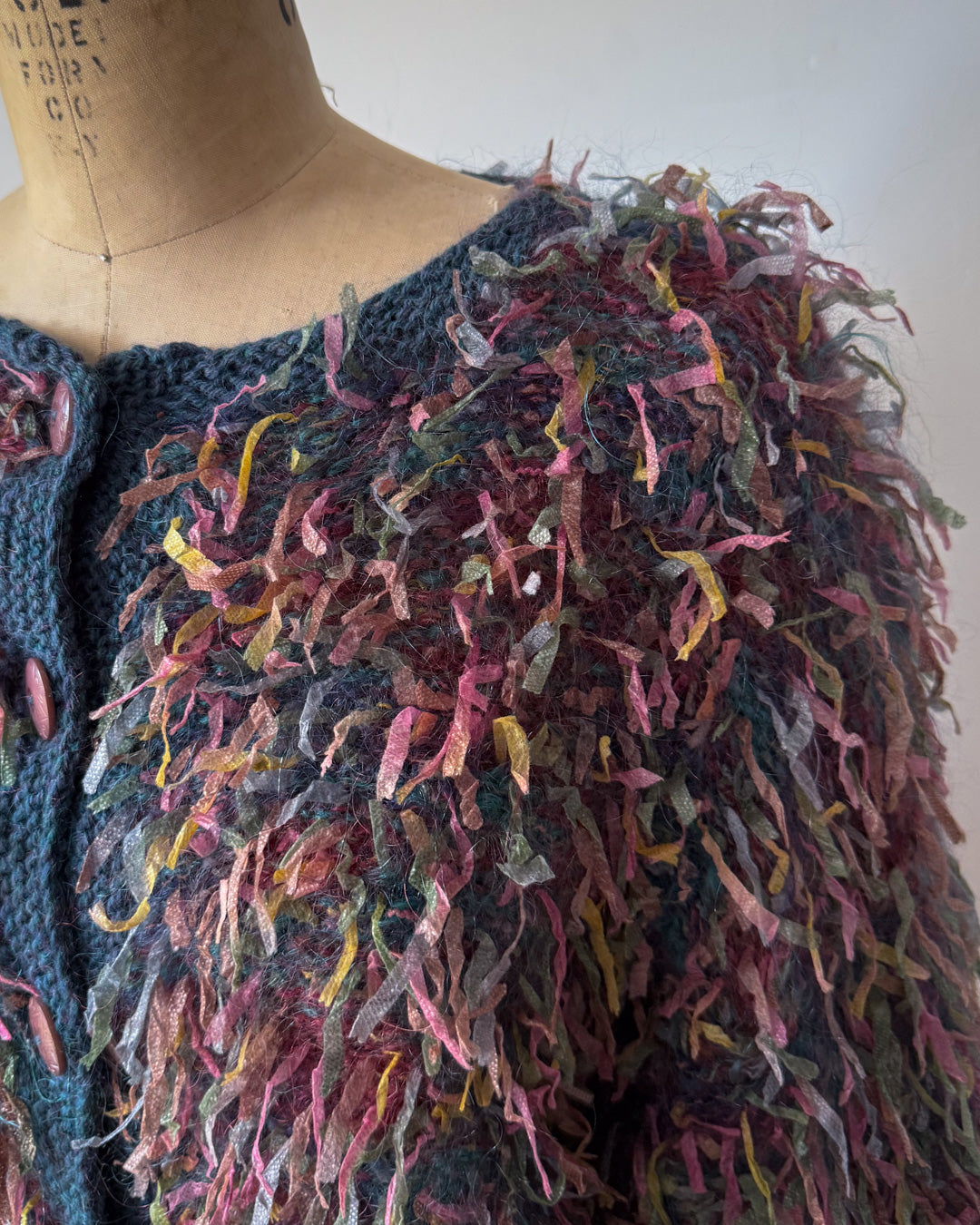 80s Shaggy Hand Knit Ribbon Cardigan / XL