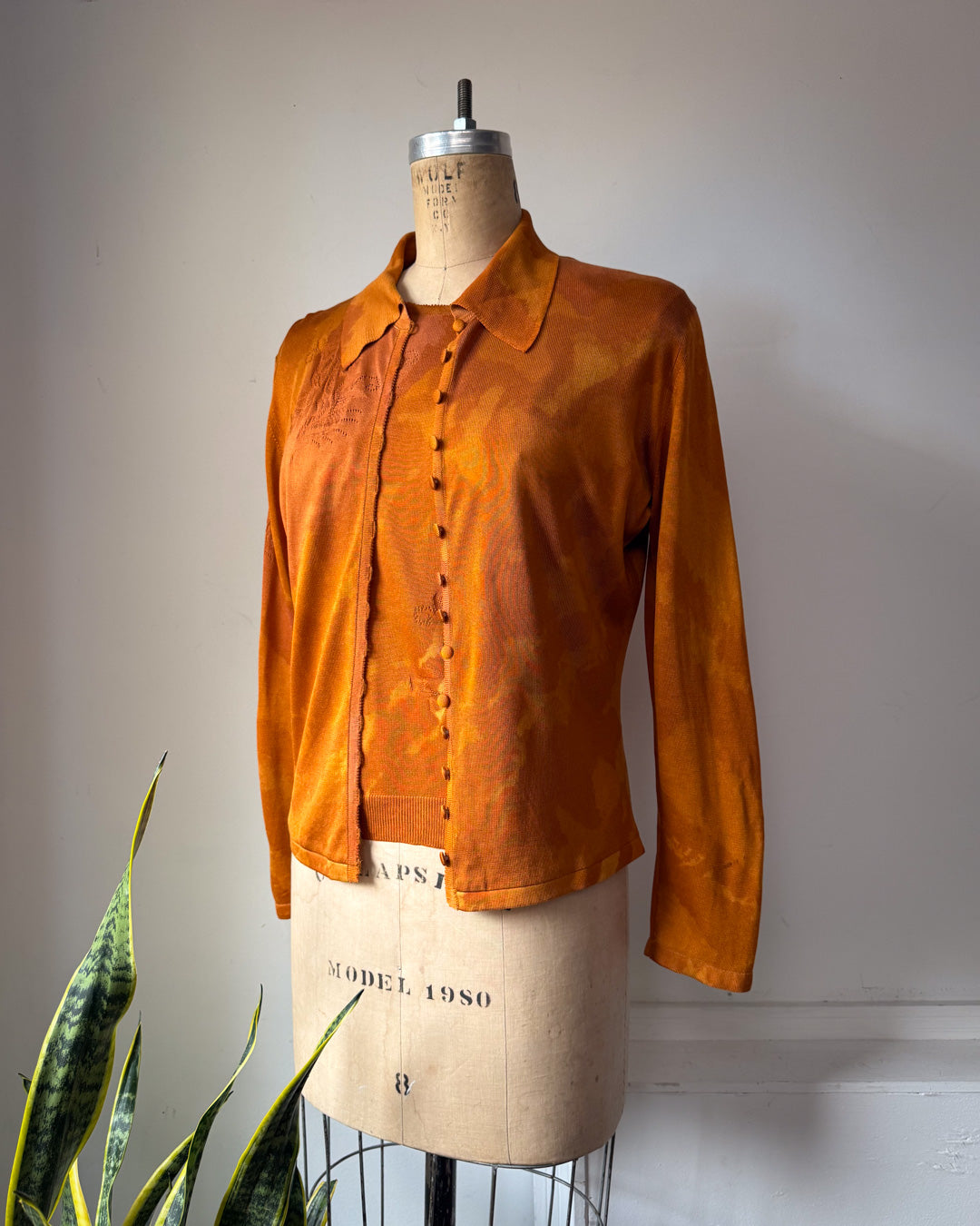 90s Galliano Burnt Orange Silk Knit Cardigan Sweater Twin 2pc Set / L