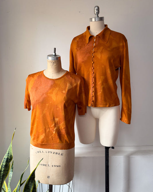 90s Galliano Burnt Orange Silk Knit Cardigan Sweater Twin 2pc Set / L