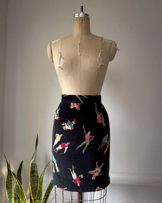 90s Kenzo Novelty People Print Velvet Skirt / XS