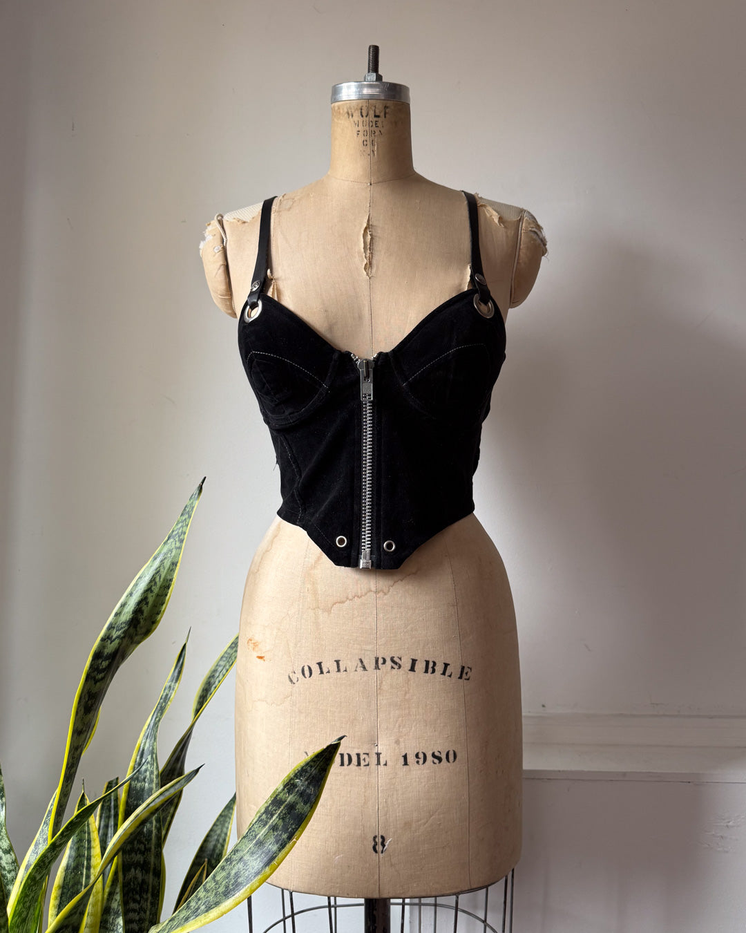 90s Lip Service Velvet & Leather Crop Top Bustier / S