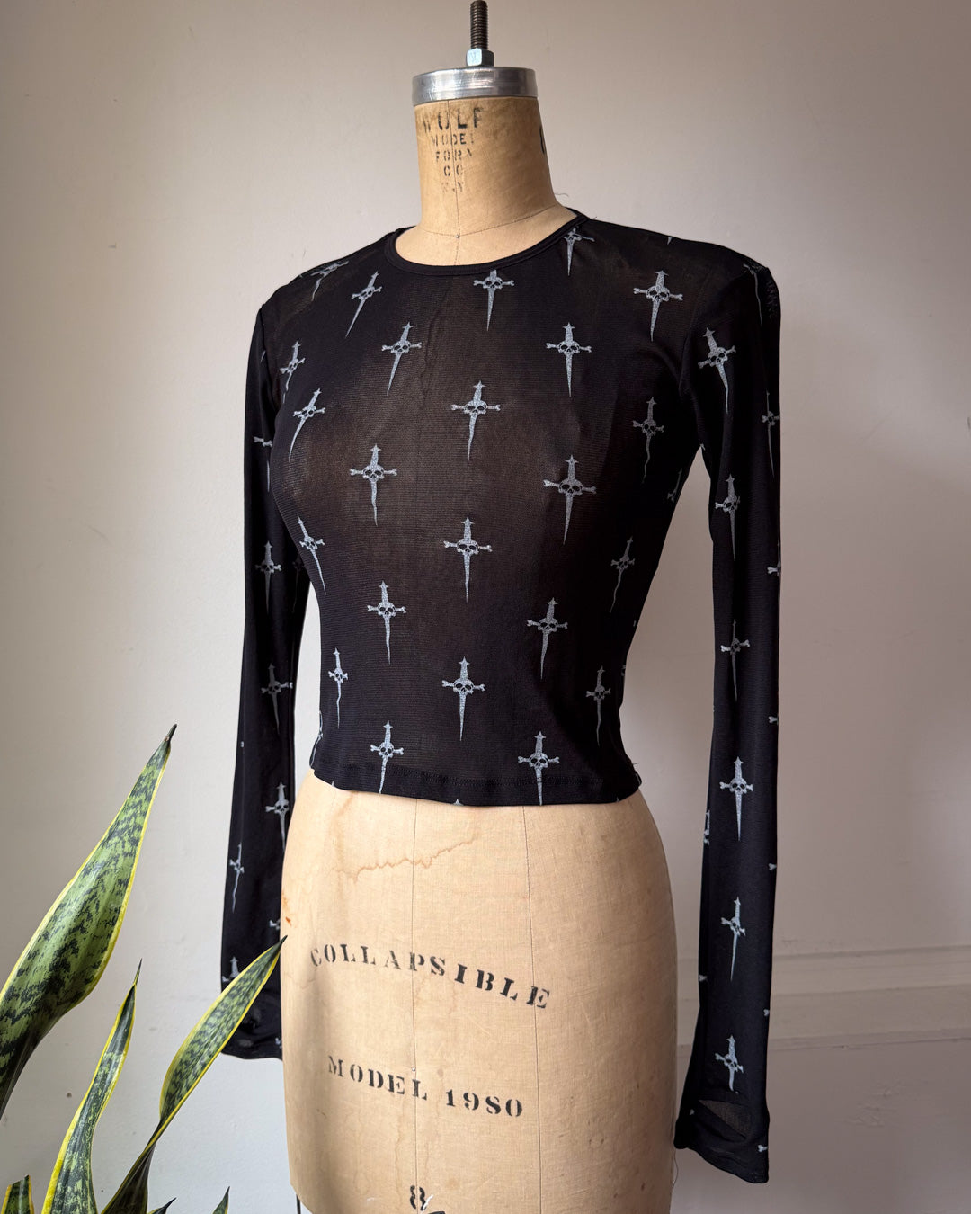 90s Lip Service Skull Print Black Mesh Long Sleeve Crop Top / S
