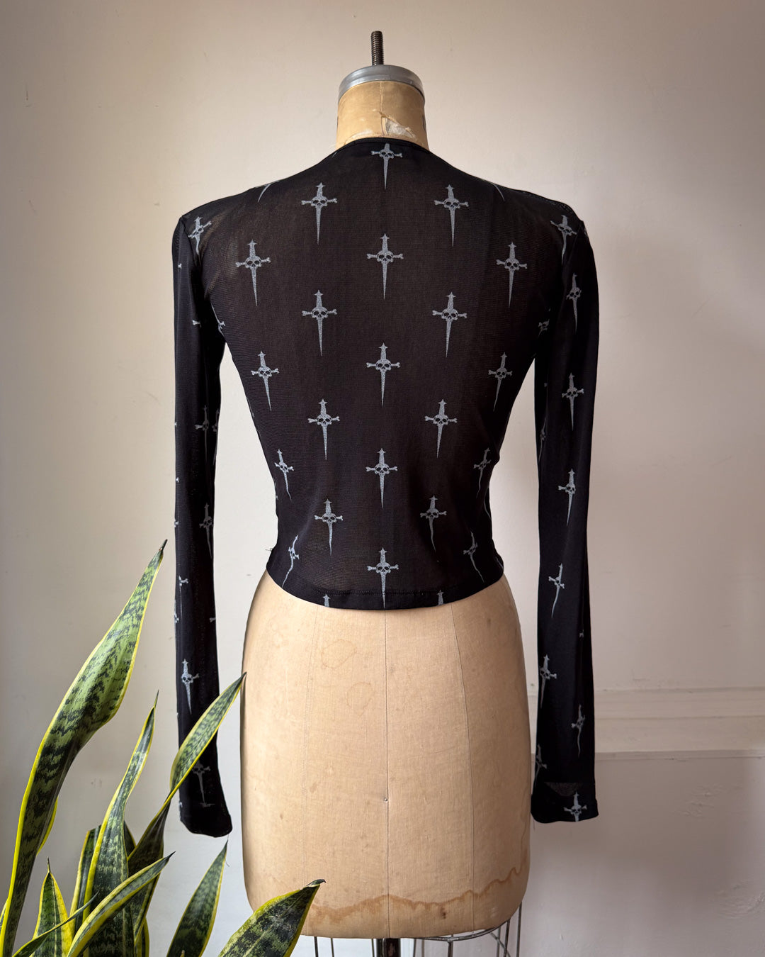 90s Lip Service Skull Print Black Mesh Long Sleeve Crop Top / S