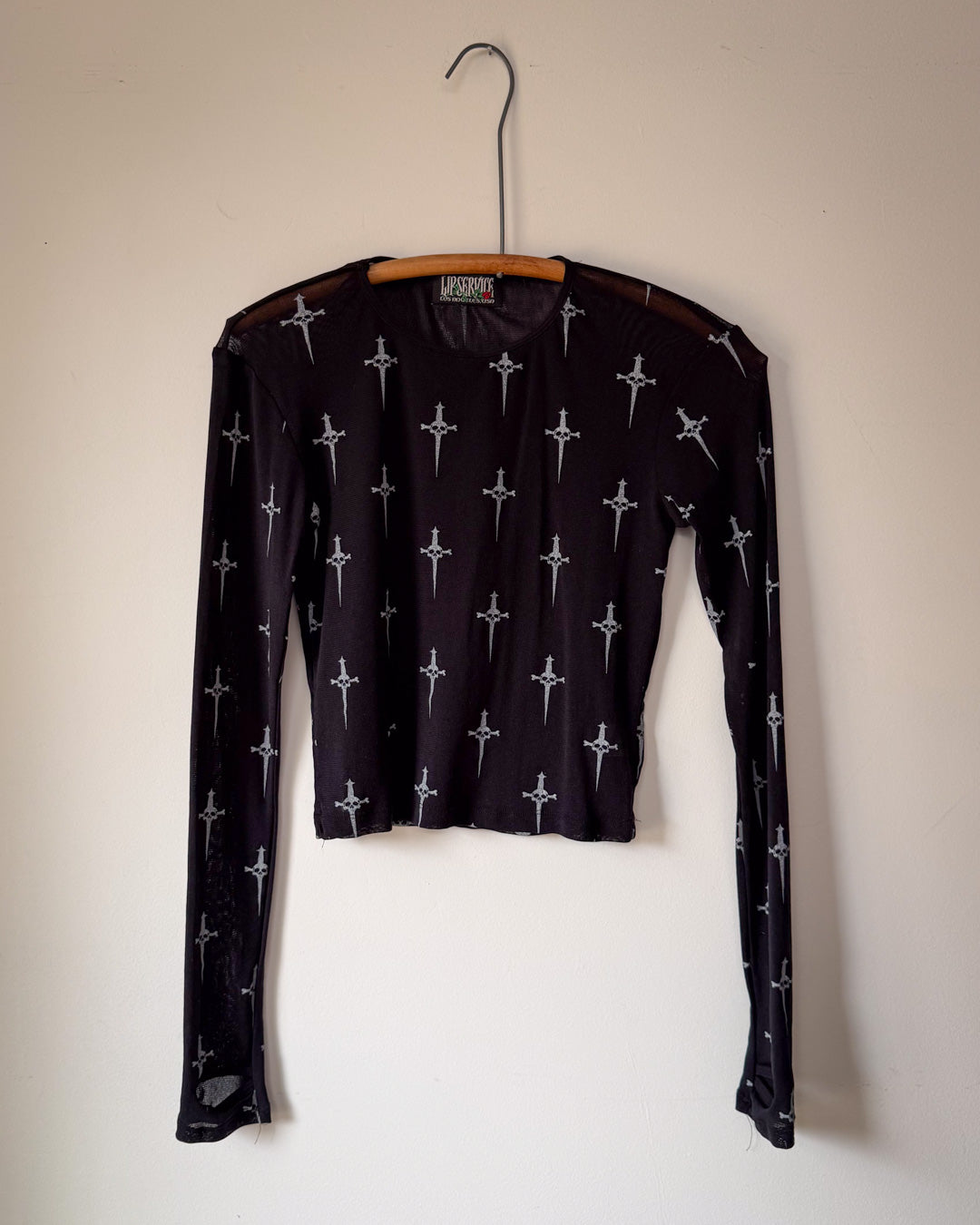 90s Lip Service Skull Print Black Mesh Long Sleeve Crop Top / S